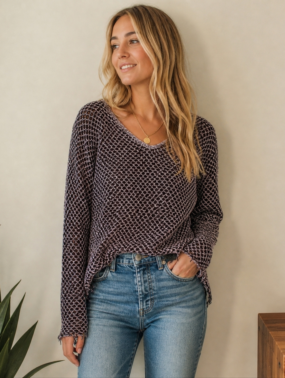 Free People Poppyseed Yarn Lace Back Light Knit Pullover Top